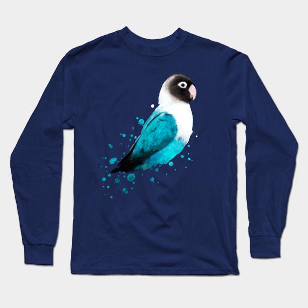 Dramabite Masked Lovebird, Black-masked Lovebird, Collared Lovebird watercolor (Agapornis personatus)  Blue Parrot Bird Long Sleeve T-Shirt by dramabite